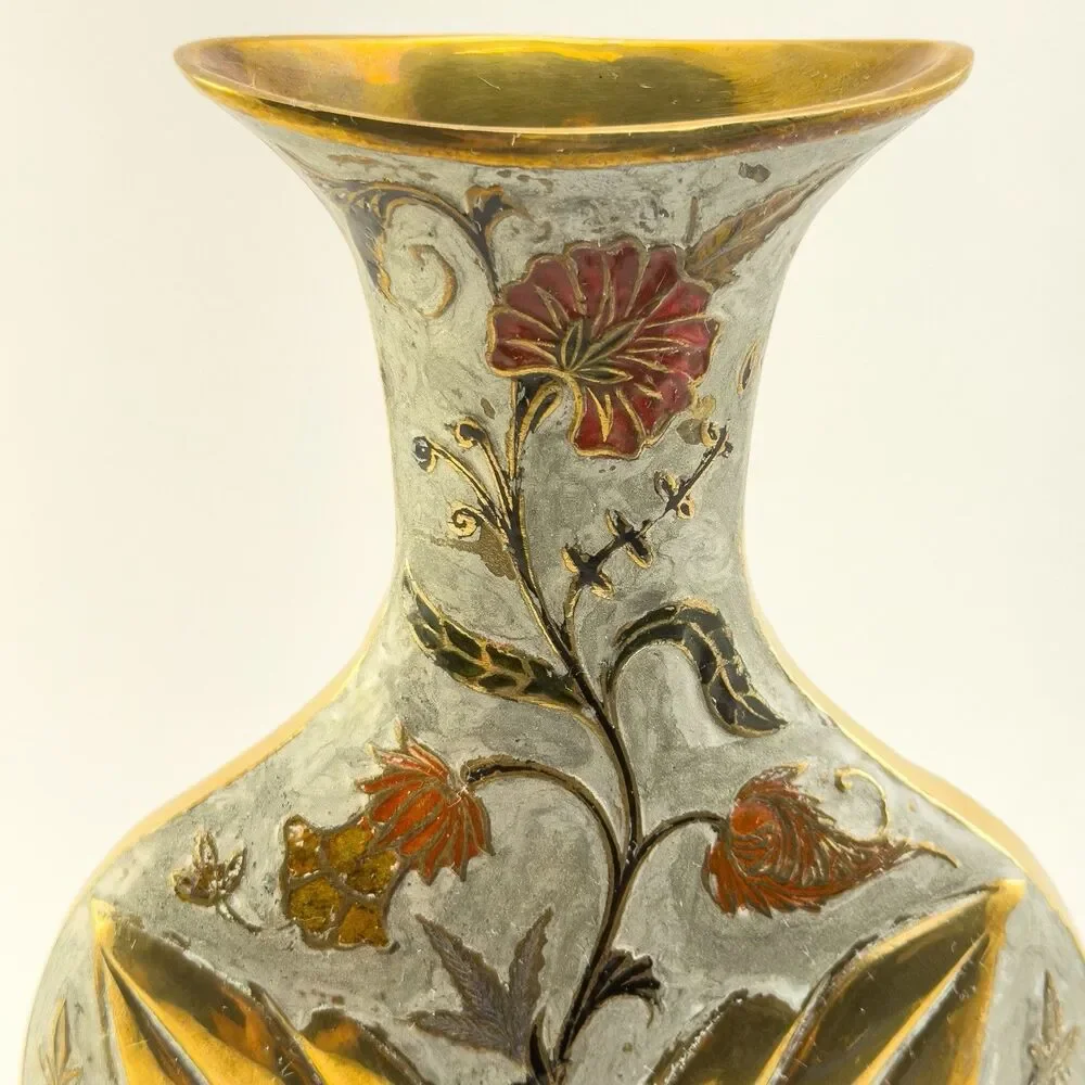 Vintage Enamel Floral Brass Vase Art Nouveau Style Gold 9”